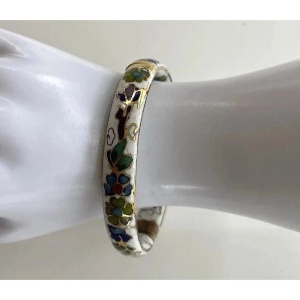 Vintage White Enamel Cloisonné Floral Blue Multi Color Hinged  Bangle Sz 7.5” - Picture 7 of 14